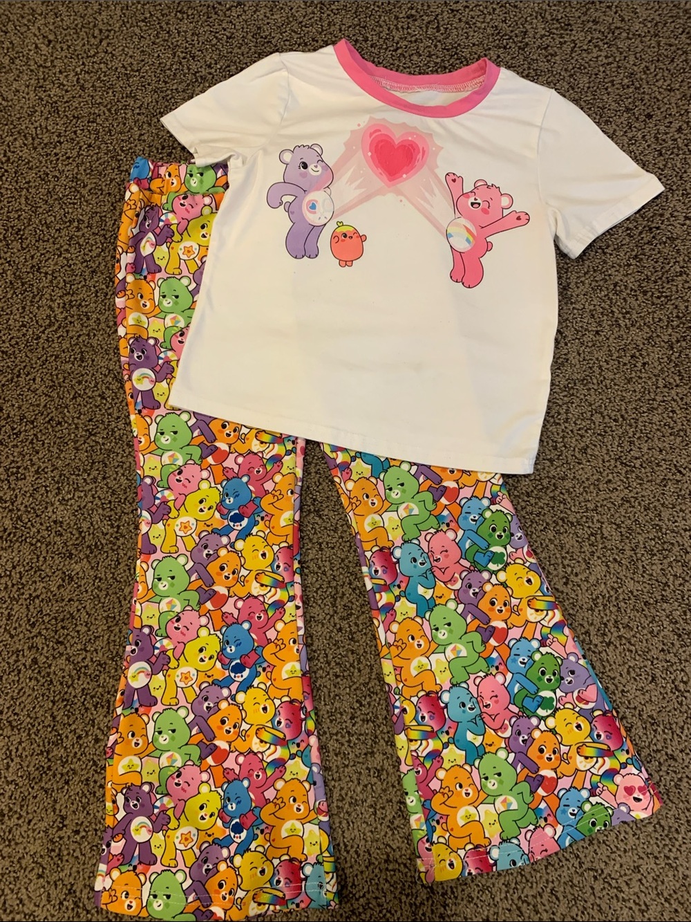 Girls Sz 7 Care Bears T-shirt & Bellbottom Pants Outfit